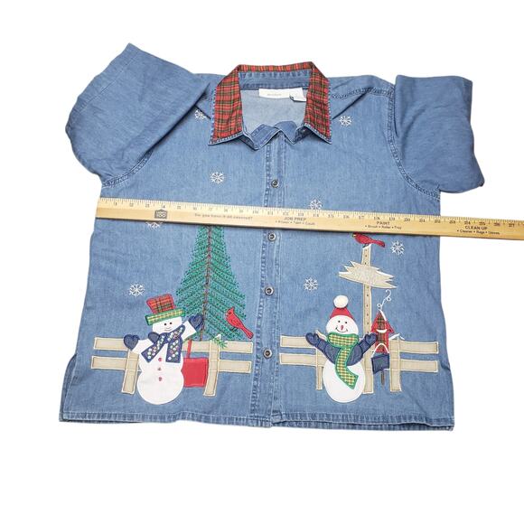 Dressbarn Holiday Top Womens Large Light Blue Button Down Snowman Festive Collar - Picture 9 of 10